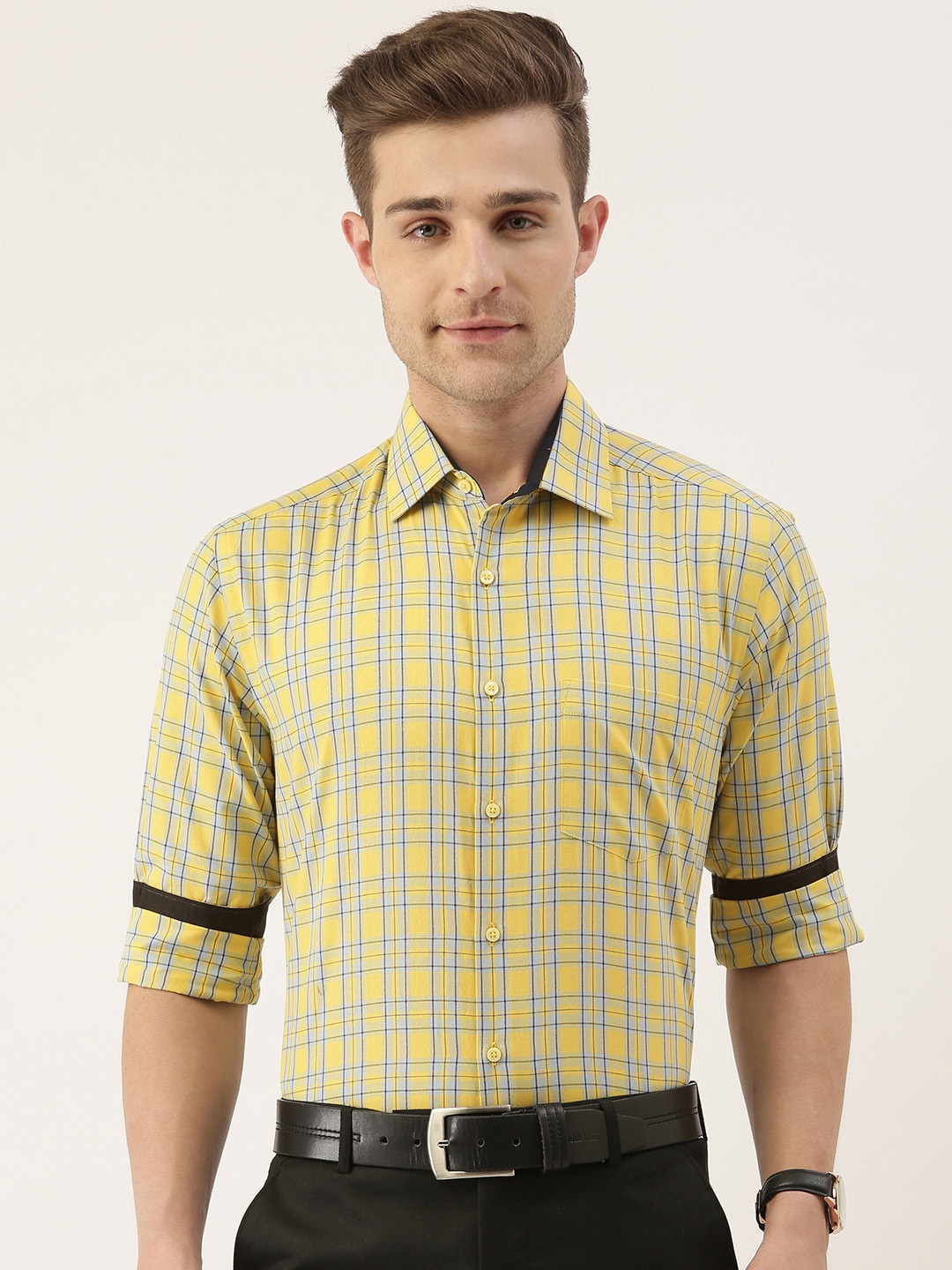 

IVOC Men Yellow Checked Formal Shirt
