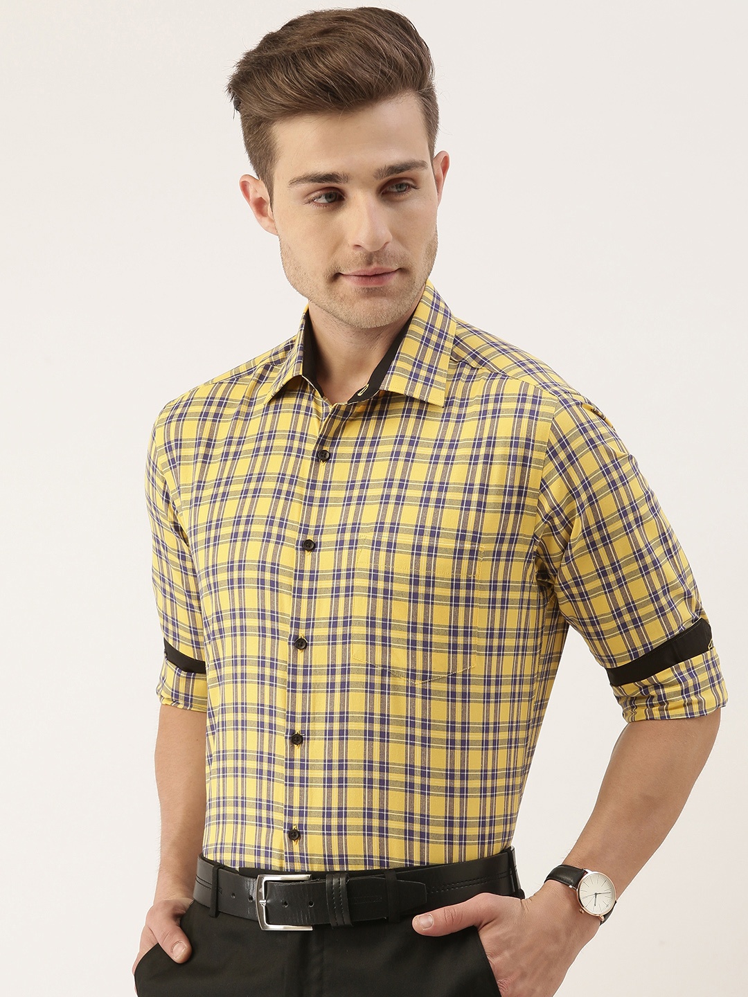 

IVOC Men Yellow Checked Formal Shirt