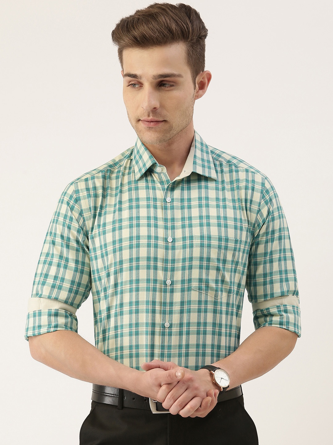 

IVOC Men Green & Off-White Checked Formal Shirt