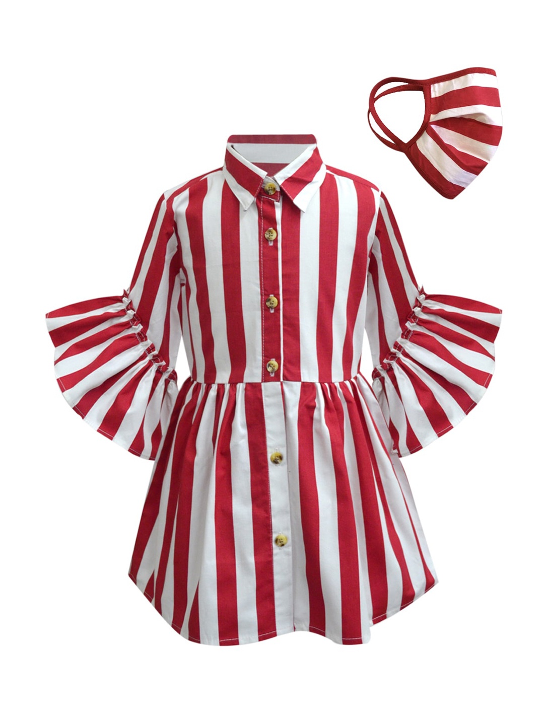 

A T U N Girls Red & White Striped Shirt Dress with Mask