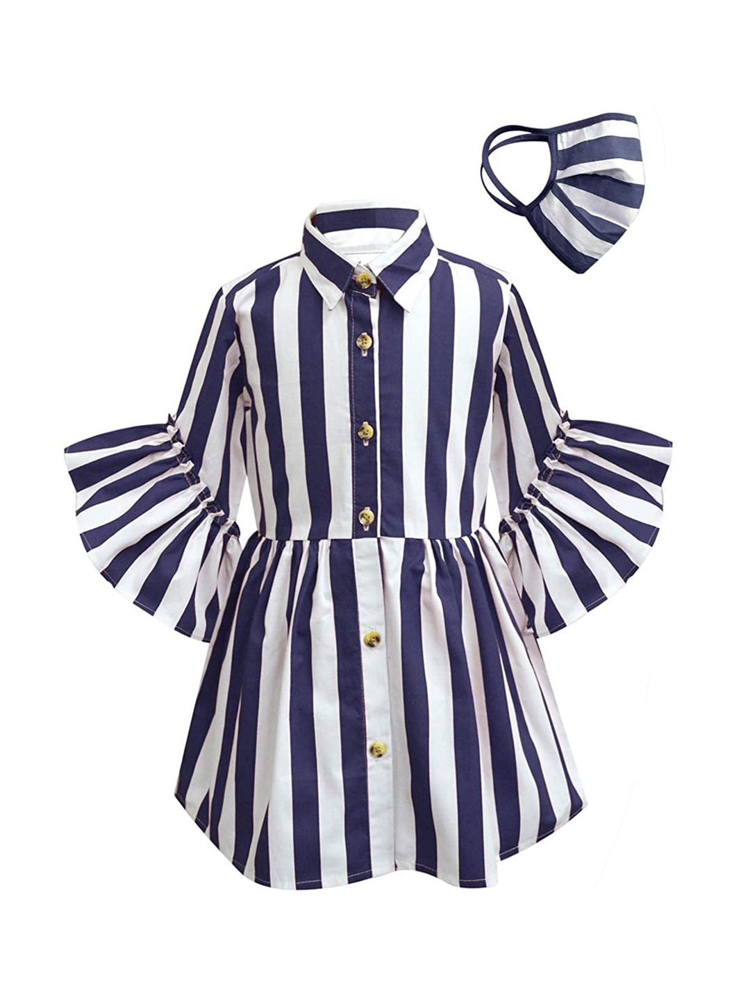 

A T U N Navy Blue & White Striped Shirt Dress With Fashion Facemask