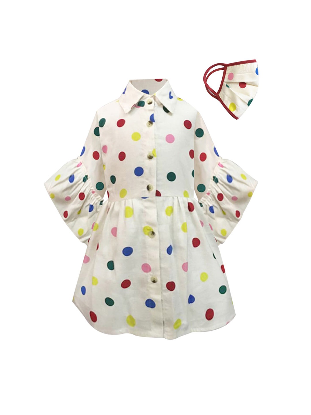 

A T U N Off White Polka Dots Printed Fit & Flare Dress with Mask