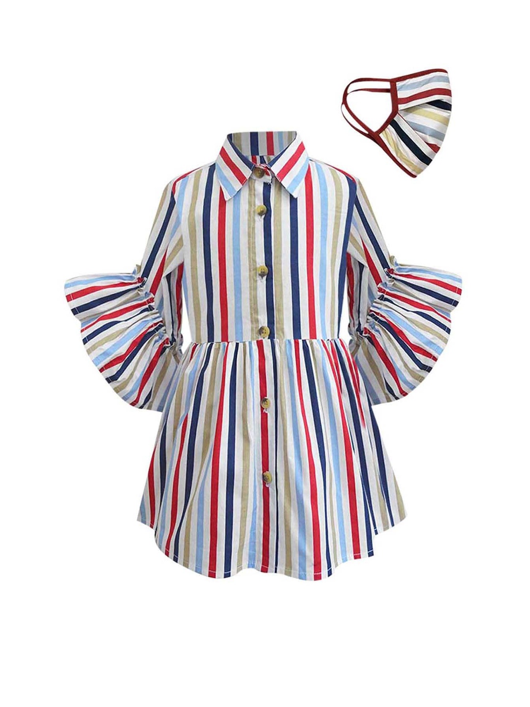 

A T U N Girls Pure Cotton Multicoloured Striped Shirt Dress With Facemask, Multi