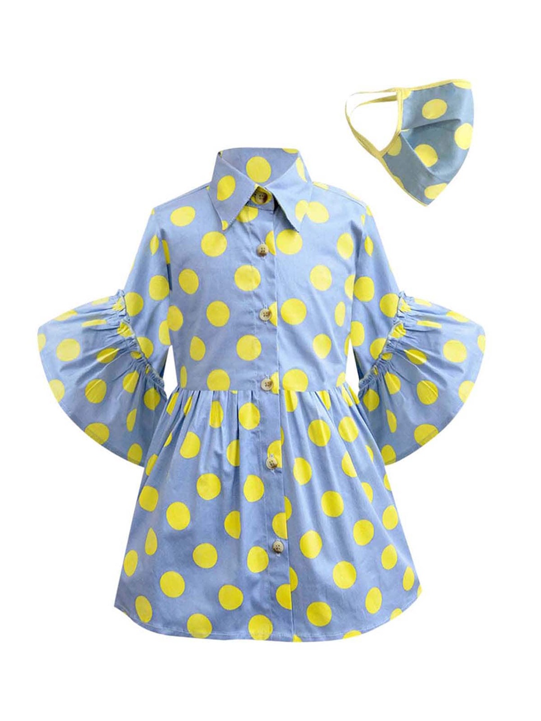 

A T U N Blue Polka Dots Printed Shirt Dress With Mask