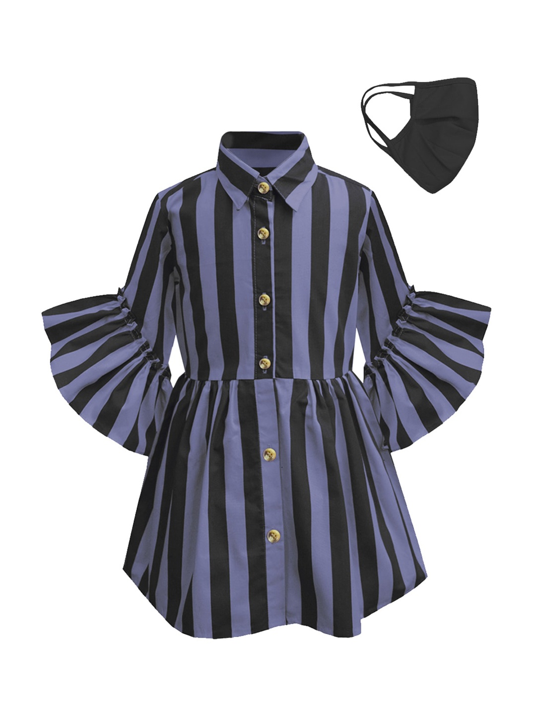 

A T U N Grey & Black Striped Shirt Dress With Fashion Facemask