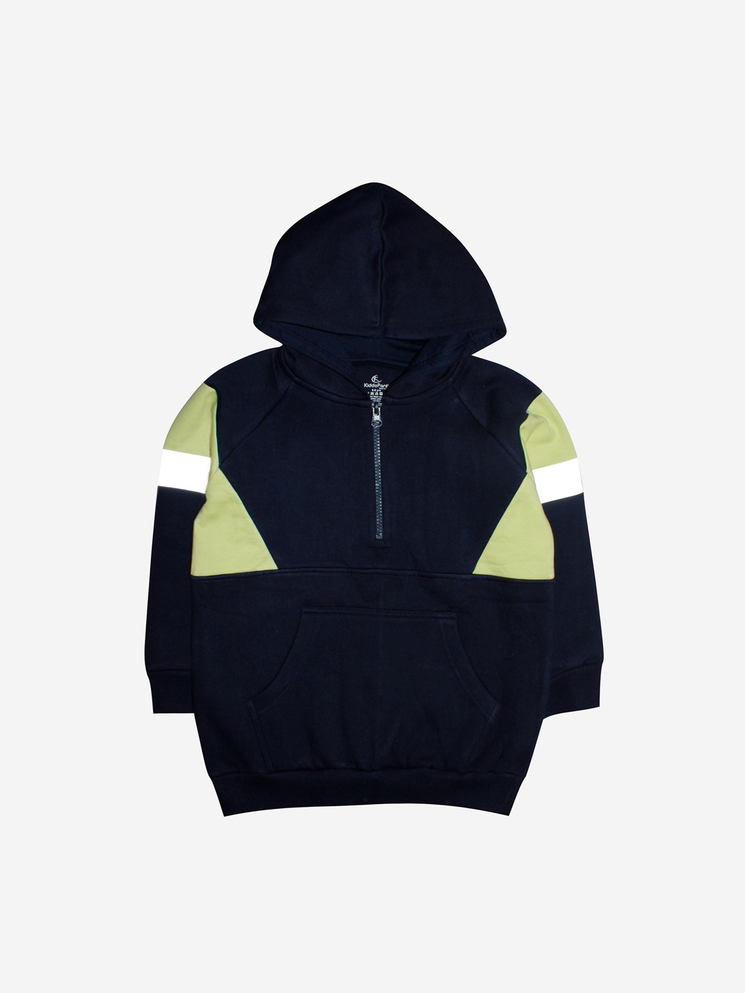 

KiddoPanti Kids Navy Blue & Lime Green Colourblocked Pure Cotton Hooded Sweatshirt