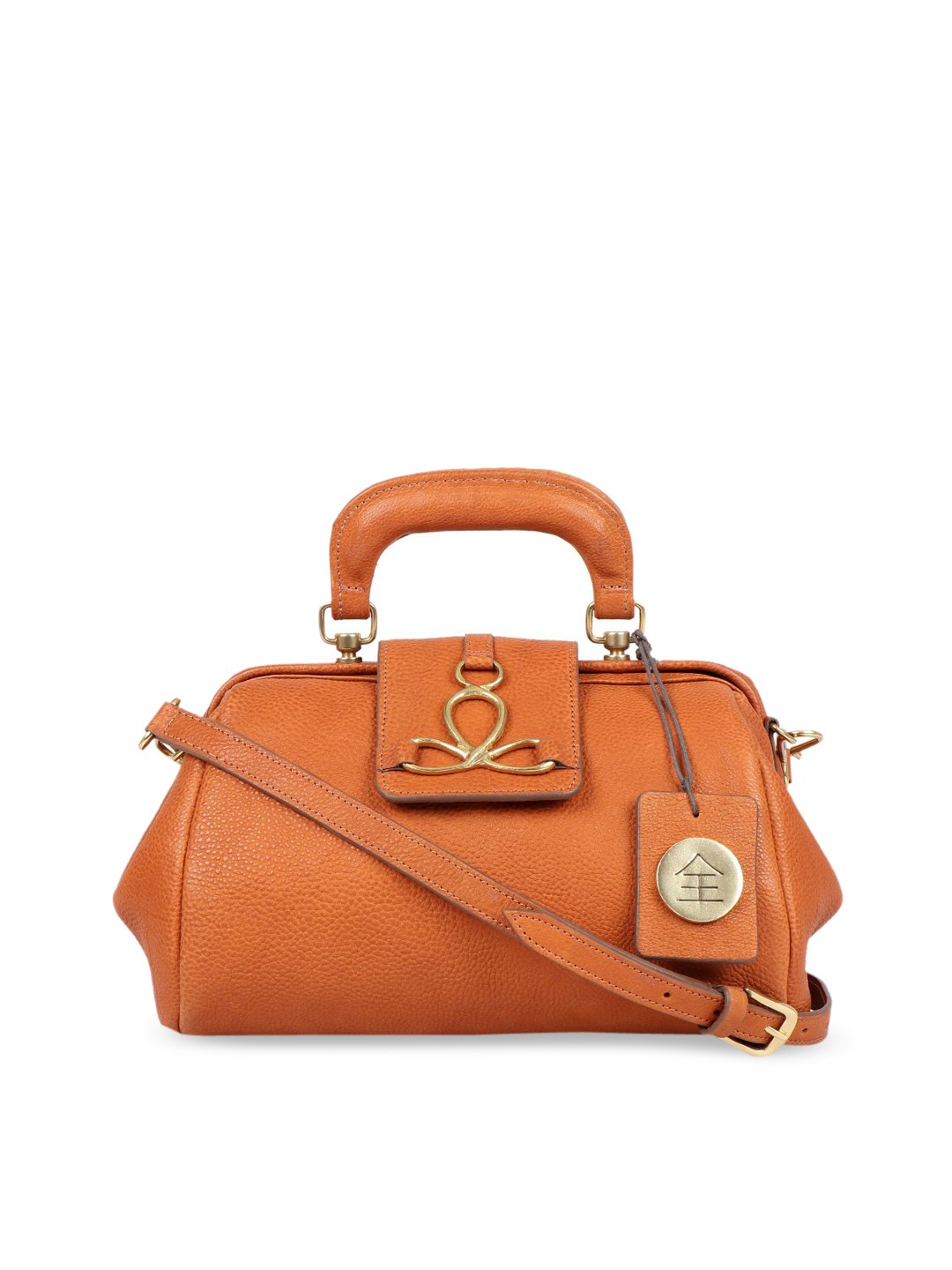 

Hidesign Orange Solid Leather Handheld Bag with Detachable Sling Strap