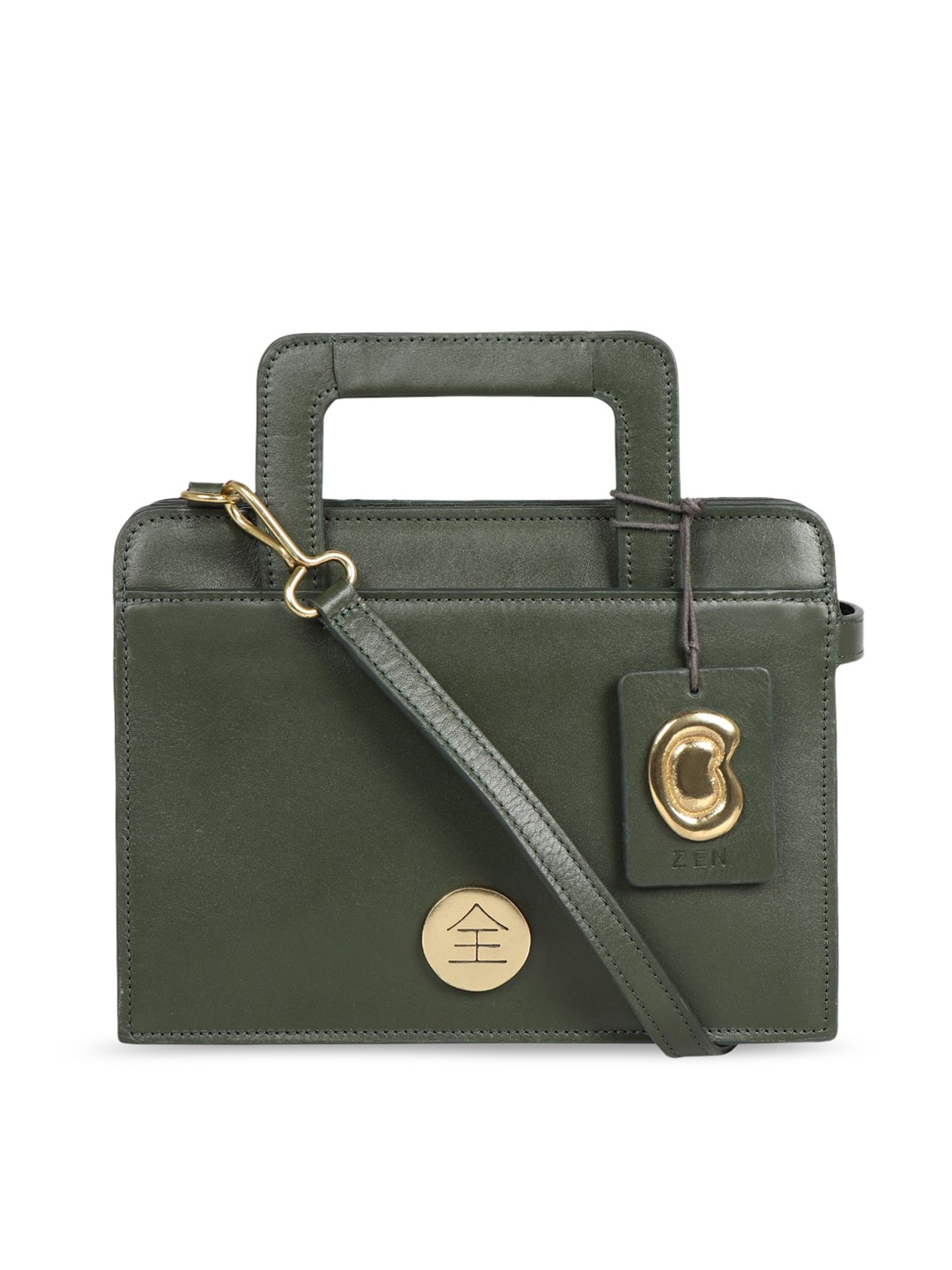 

Hidesign Green Leather Structured Handheld Bag with Applique