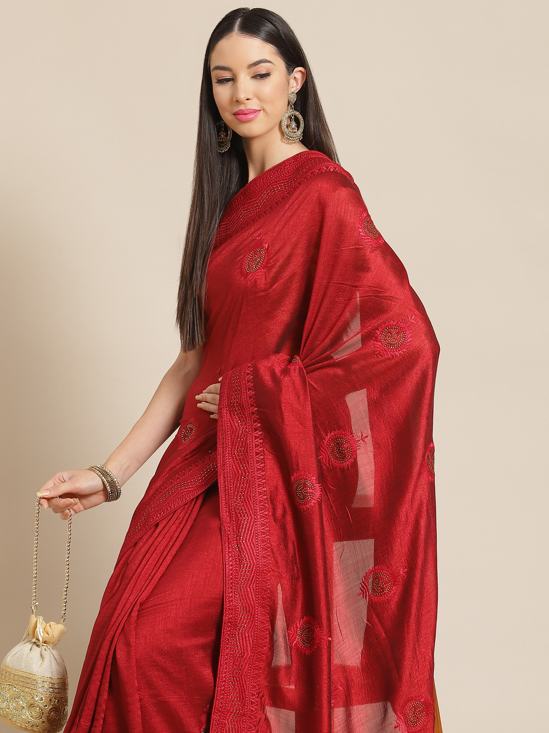

Anouk Red Ethnic Motifs Sequinned Silk Blend Ready to Wear Saree