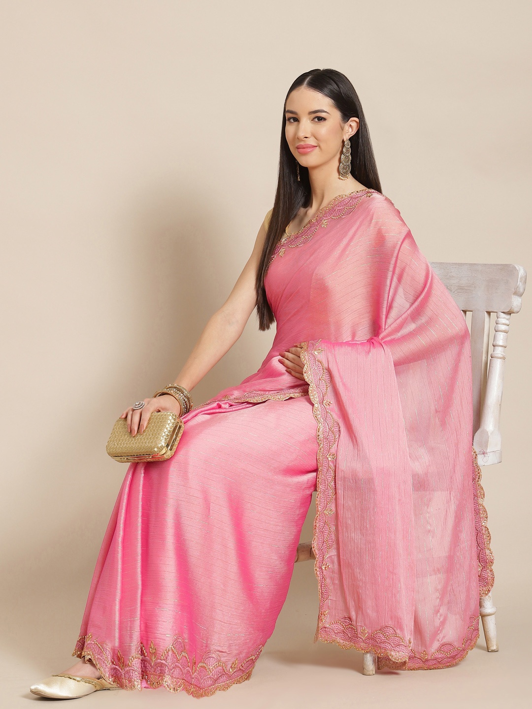 

Anouk Pink Striped Beads and Stones Ready to Wear Saree