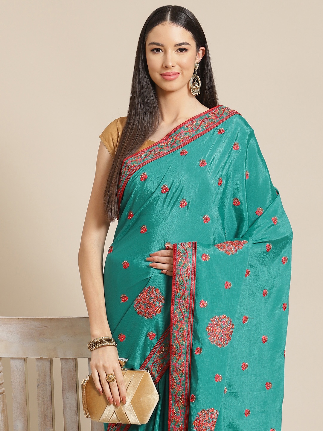 

Anouk Turquoise Blue Embellished Embroidered Silk Blend Saree