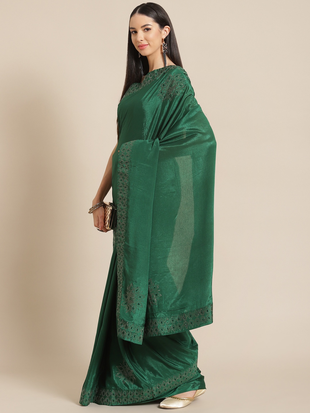 

Anouk Green Embellished Beads and Stones Silk Blend Ready to Wear Saree