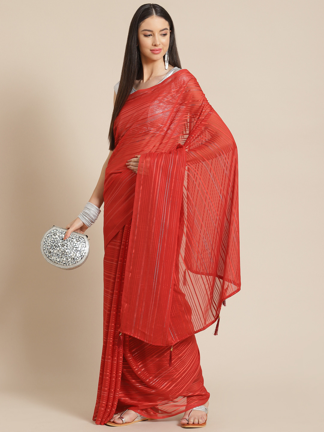 

Anouk Maroon Striped Zari Ready to Wear Leheriya Saree