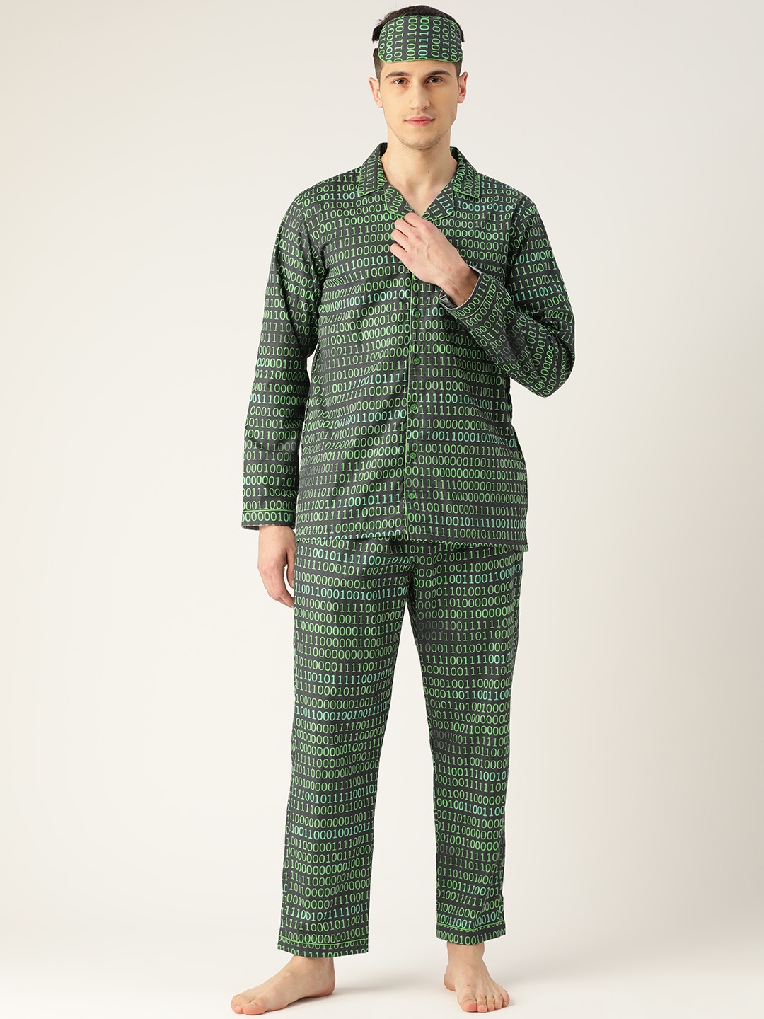 

Rapra The Label Men Black & Green Pure Cotton Printed Night suit