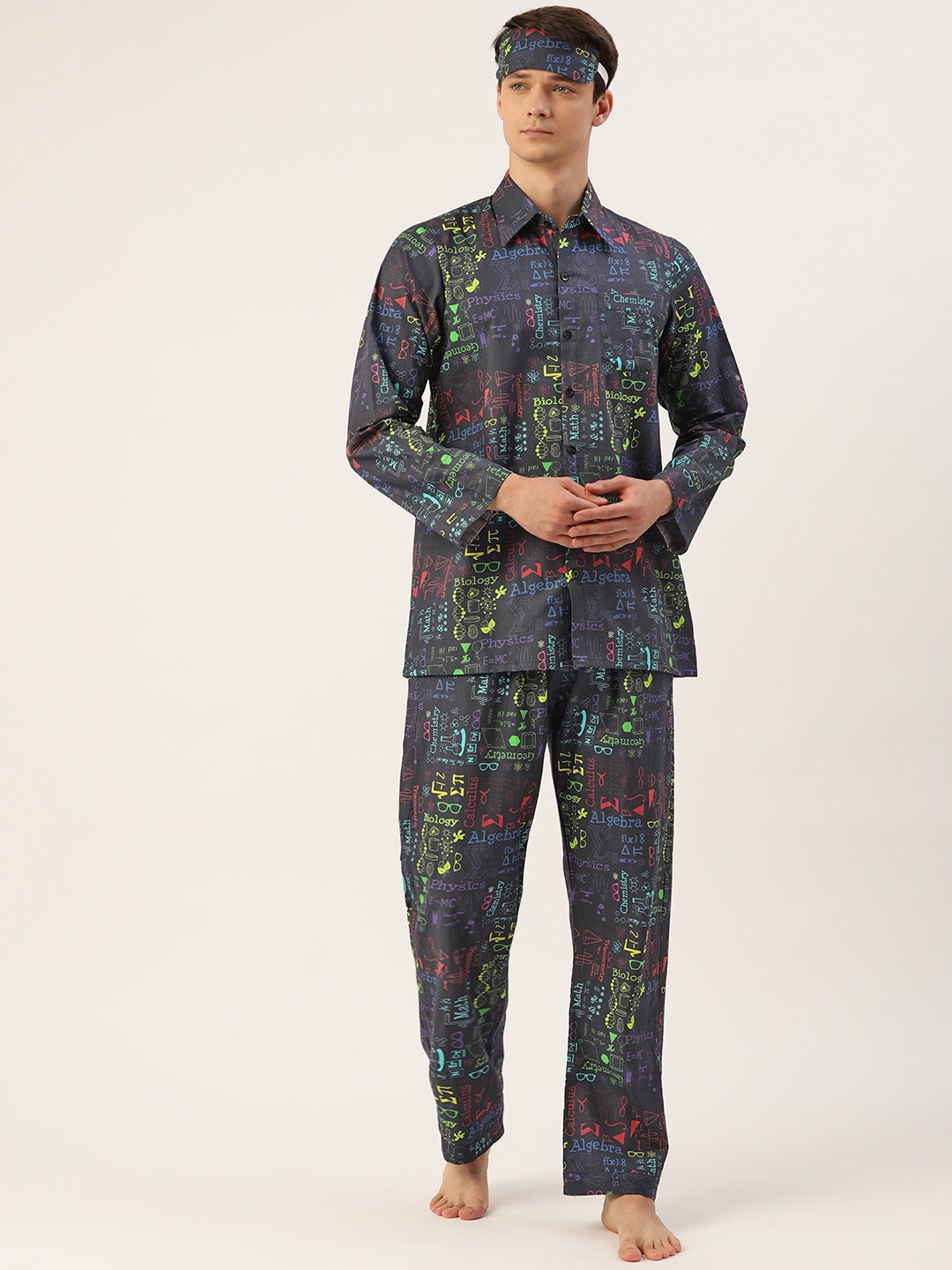 

Rapra The Label Men Navy Blue & Multicoloured Printed Night suit with Eye Cover