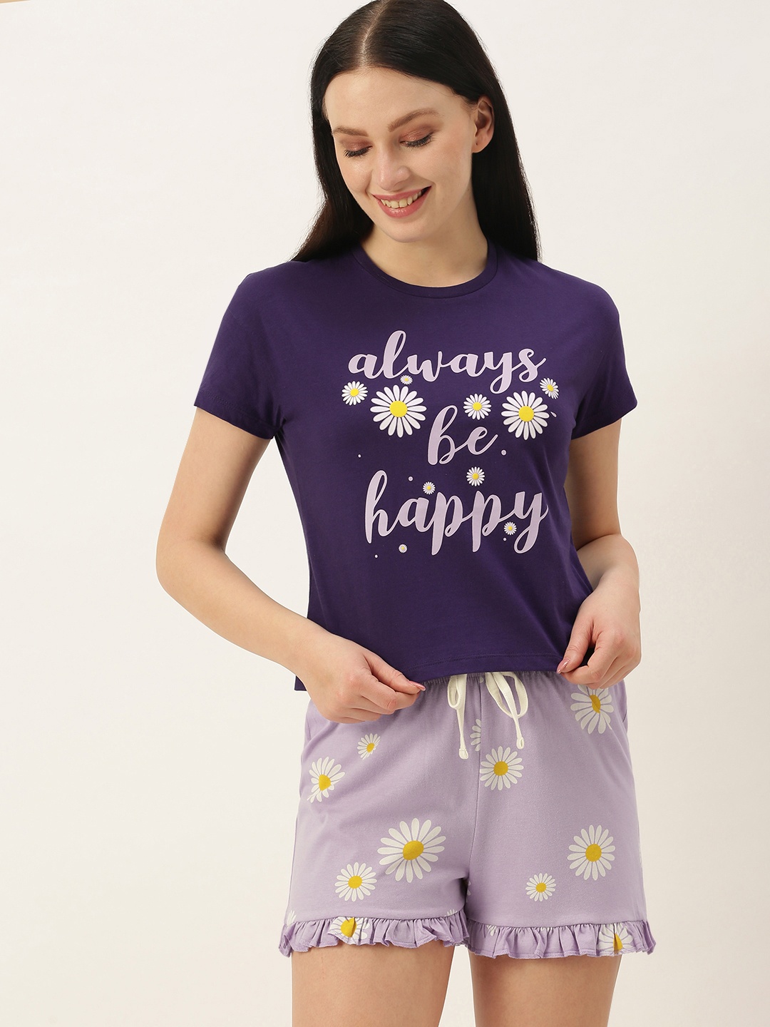 

GALYPSO Women Navy Blue & Lavender Printed Night suit