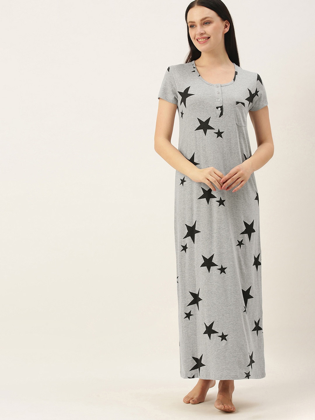 

GALYPSO Grey Melange Printed Maxi Nightdress
