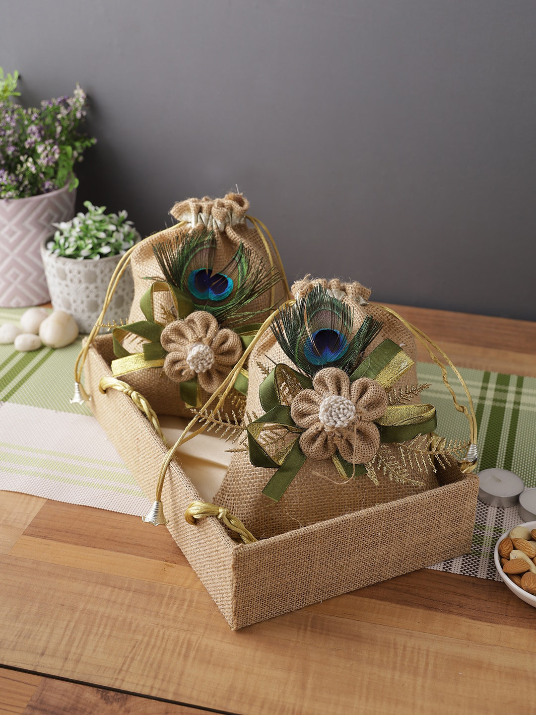 

Aapno Rajasthan Set Of 3 Beige Mdf Tray With Peacock Pouches