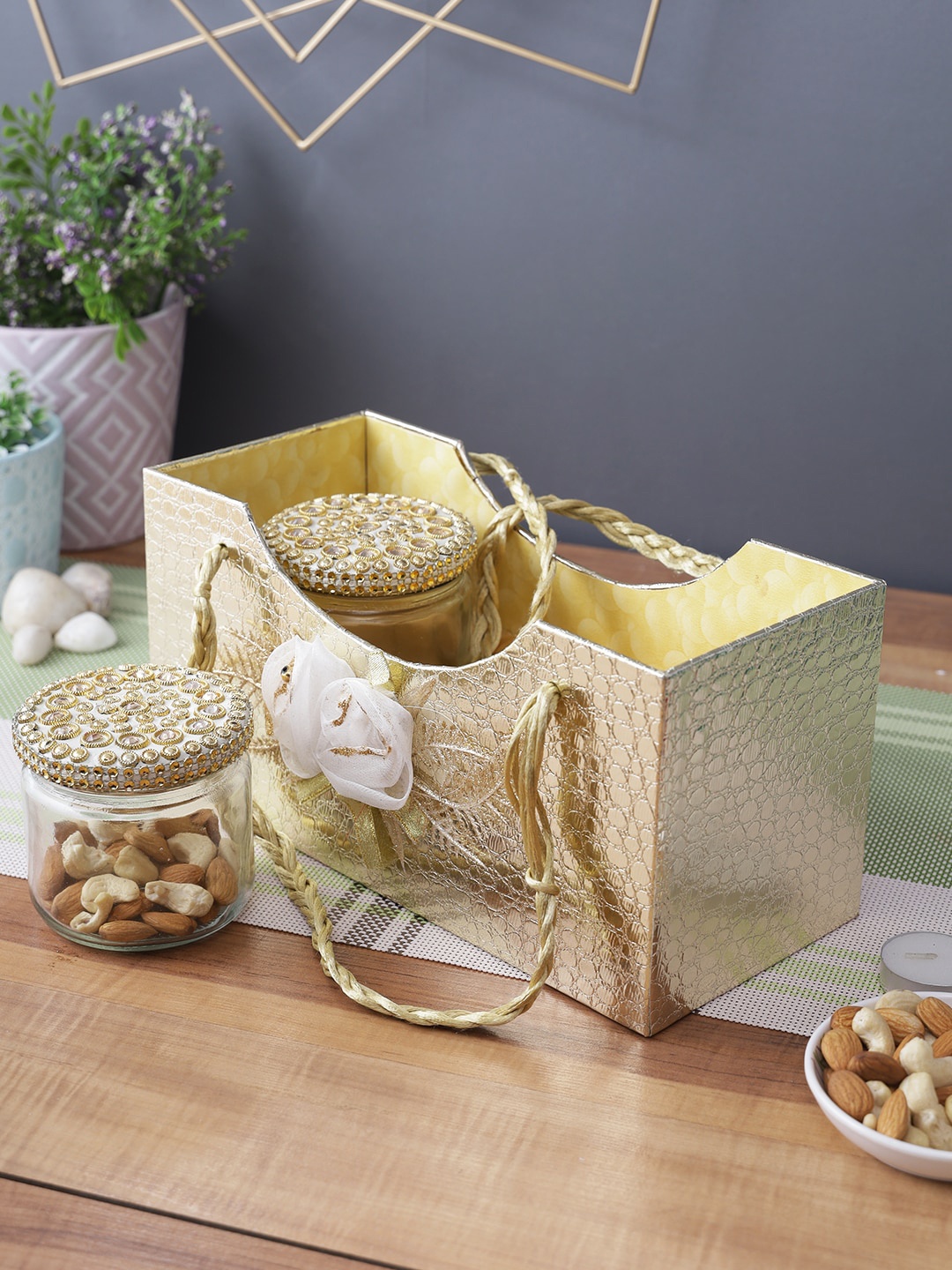 

Aapno Rajasthan Set Of 3 Gold-Toned Textured Box Shaped Basket with Glass Jars