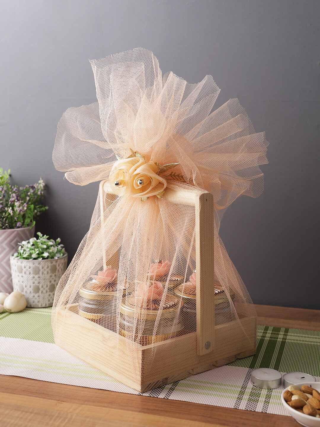 

Aapno Rajasthan Peach-Coloured & Brown Square-Shaped Wooden Basket with 4 Glass Jars