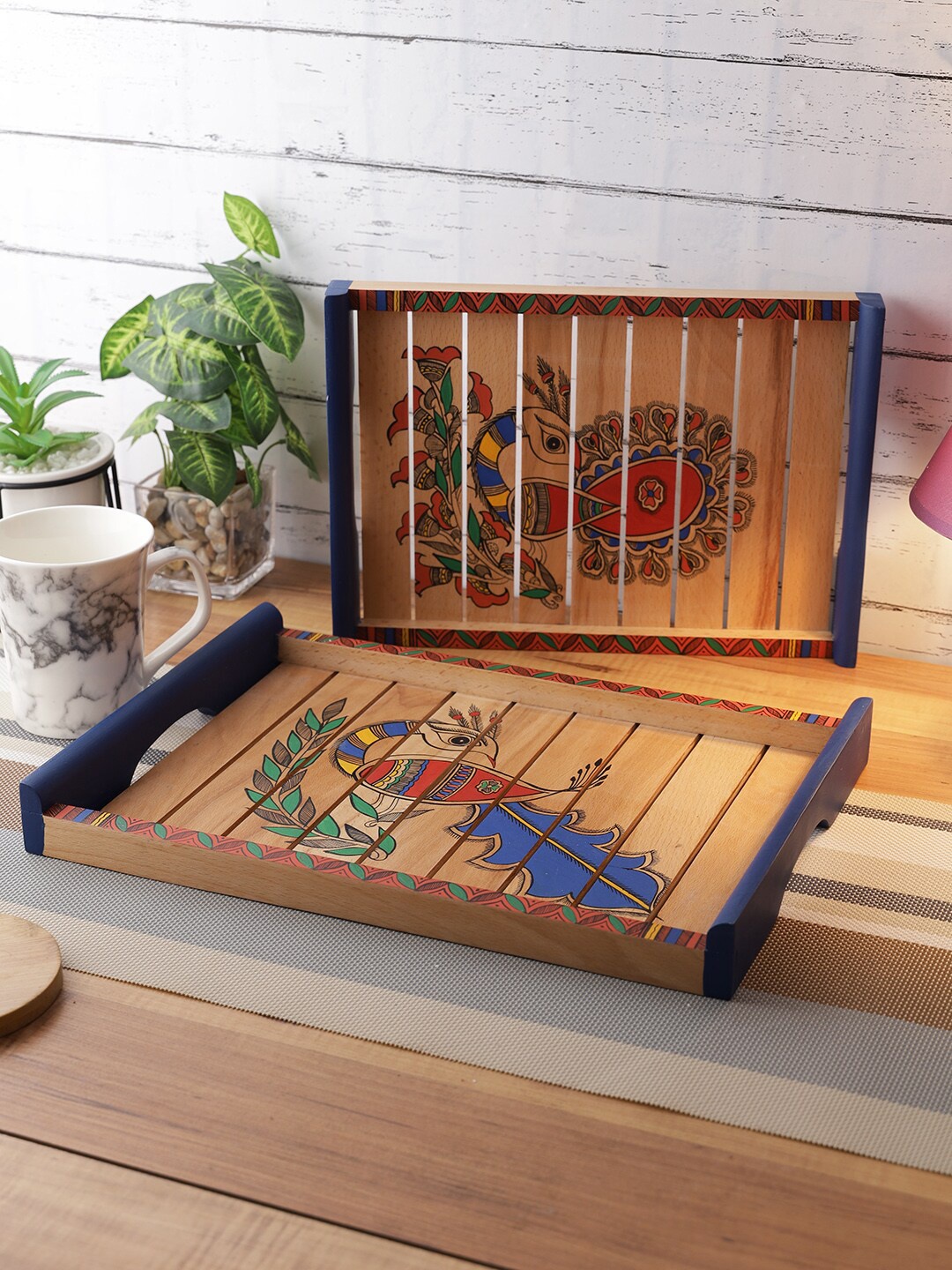 

Aapno Rajasthan Set Of 2 Brown & Red Handpainted Wooden Trays