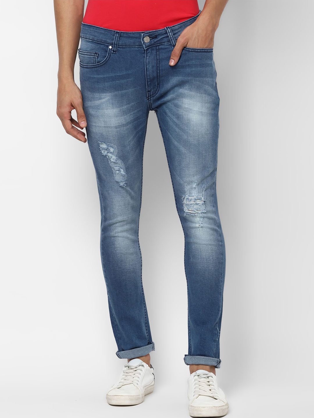 

FOREVER 21 Men Blue Slim Fit Mildly Distressed Heavy Fade Stretchable Jeans
