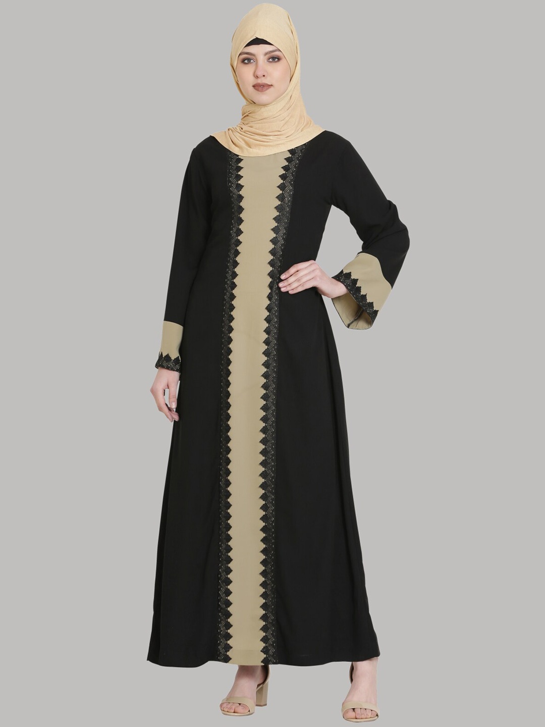 

MOMIN LIBAS Women Black & Beige Solid Lace Abaya Burqa