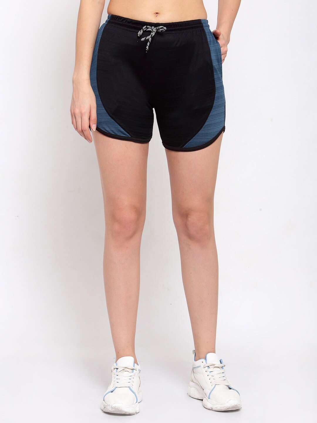 

KLOTTHE Women Black & Blue Colourblocked Training or Gym Sports Shorts