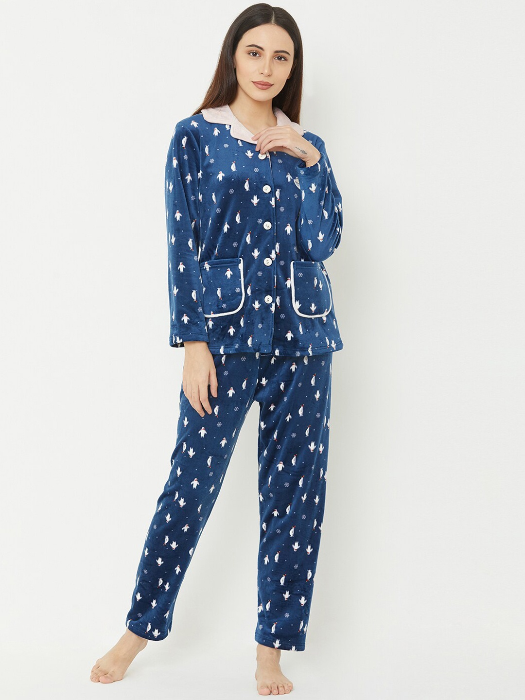 

Sweet Dreams Women Navy Blue & White Printed Night suit