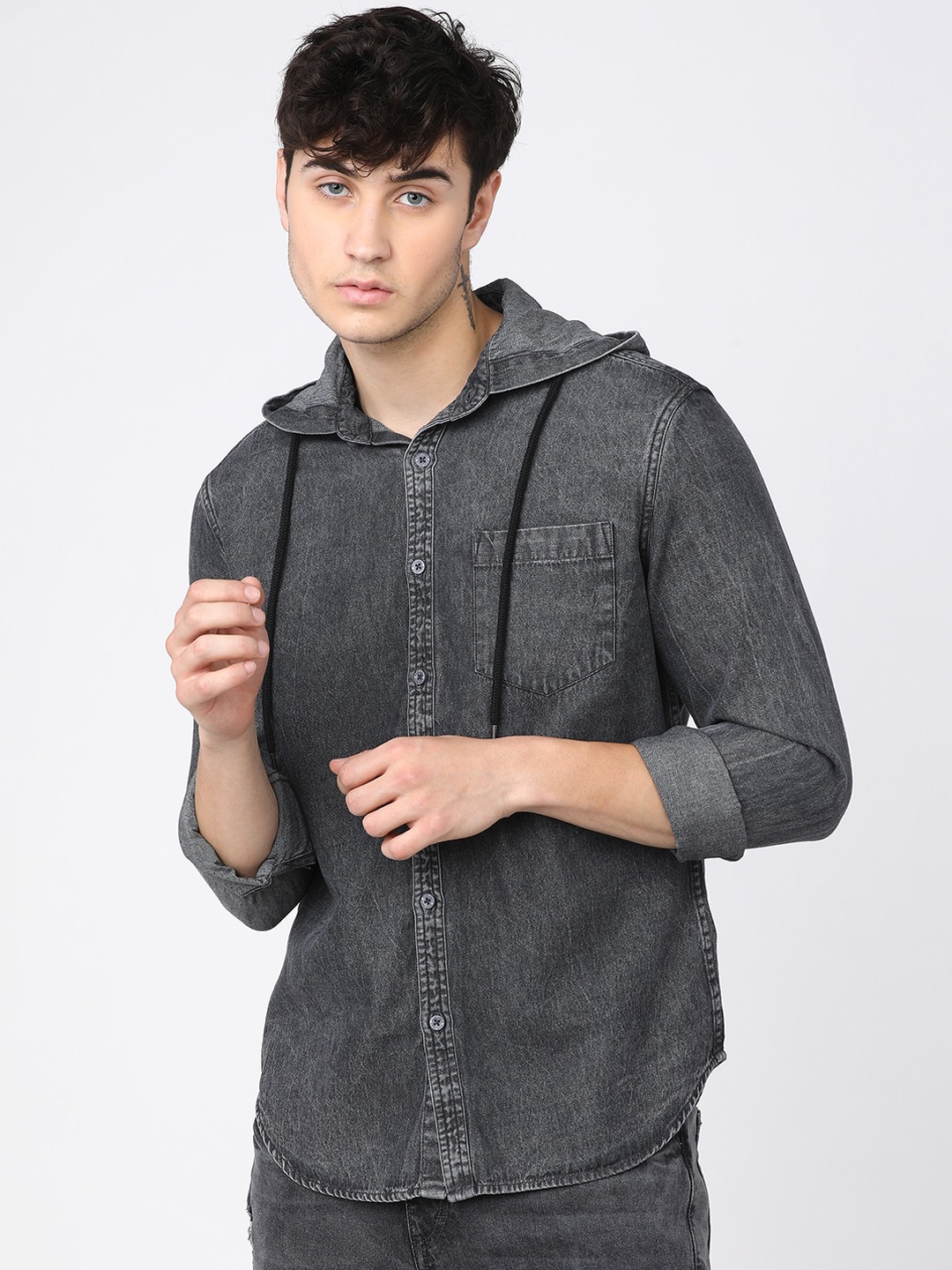 

HIGHLANDER Men Grey Solid Denim Hooded Casual Shirt