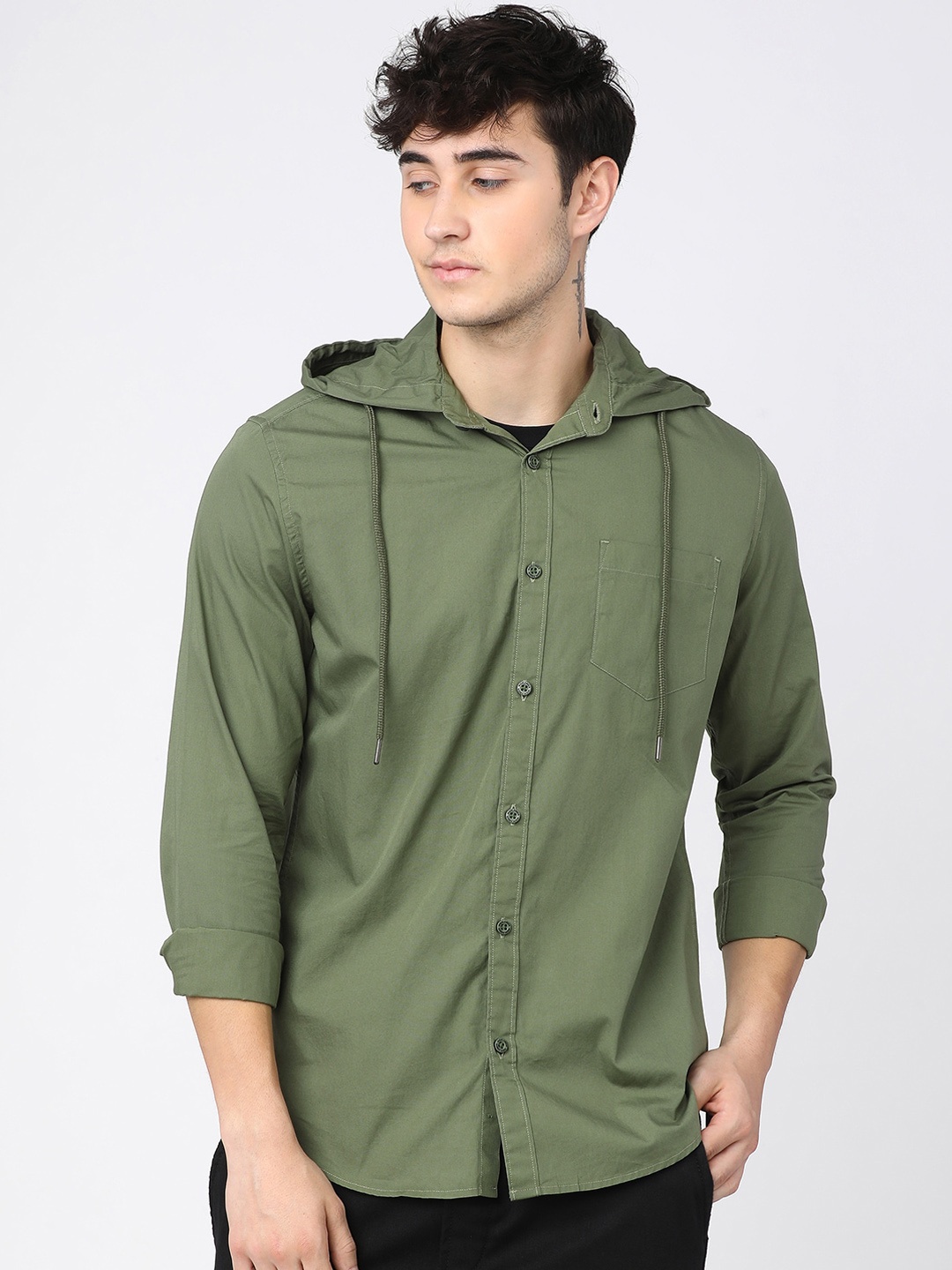 

HIGHLANDER Men Olive Green Solid Casual Hooded Shirt