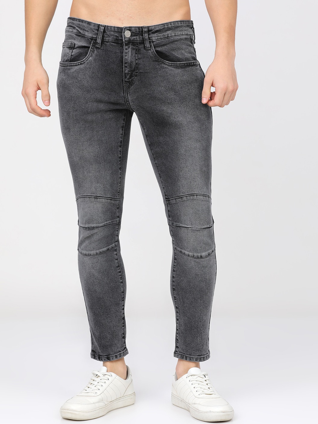 

KETCH Men Grey Tapered Fit Slash Knee Heavy Fade Stretchable Cropped Jeans