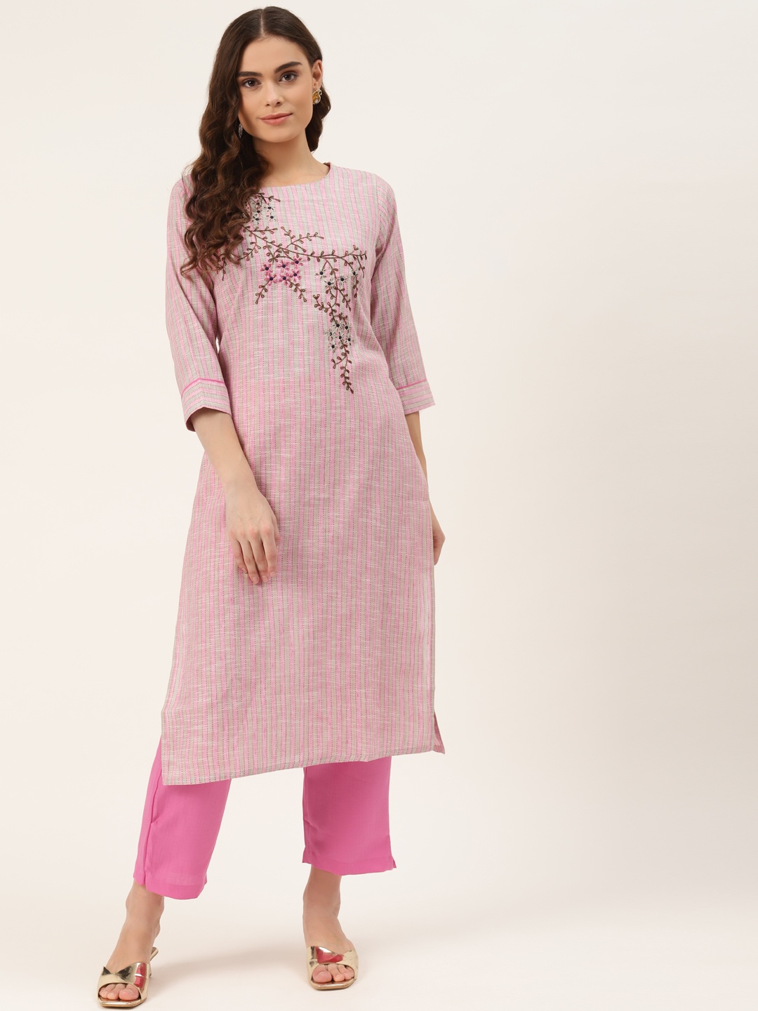 

INDYES Women Pink Striped Regular Pure Cotton Kurta with Trousers