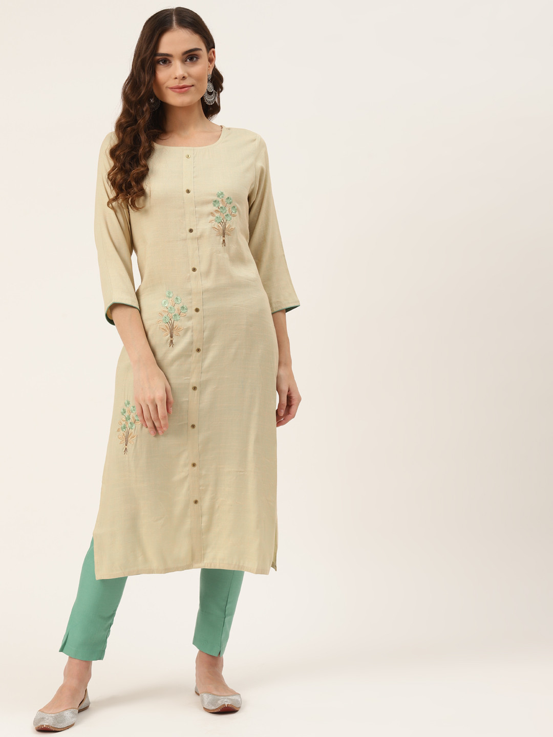 

INDYES Women Beige Floral Embroidered Regular Thread Work Pure Cotton Kurta with Trousers