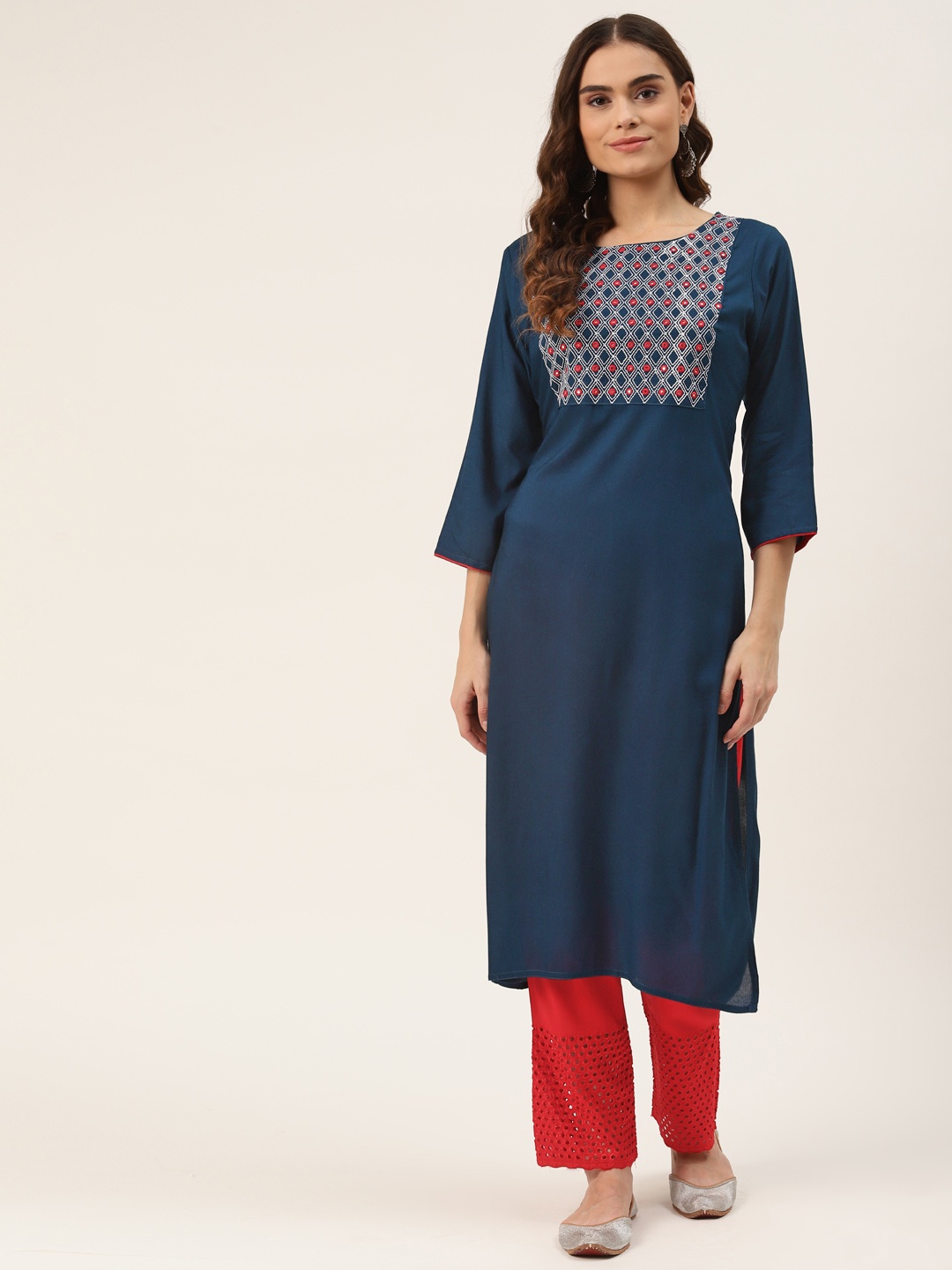 

INDYES Women Navy Blue Yoke Design Regular Pure Cotton Kurta with Trousers