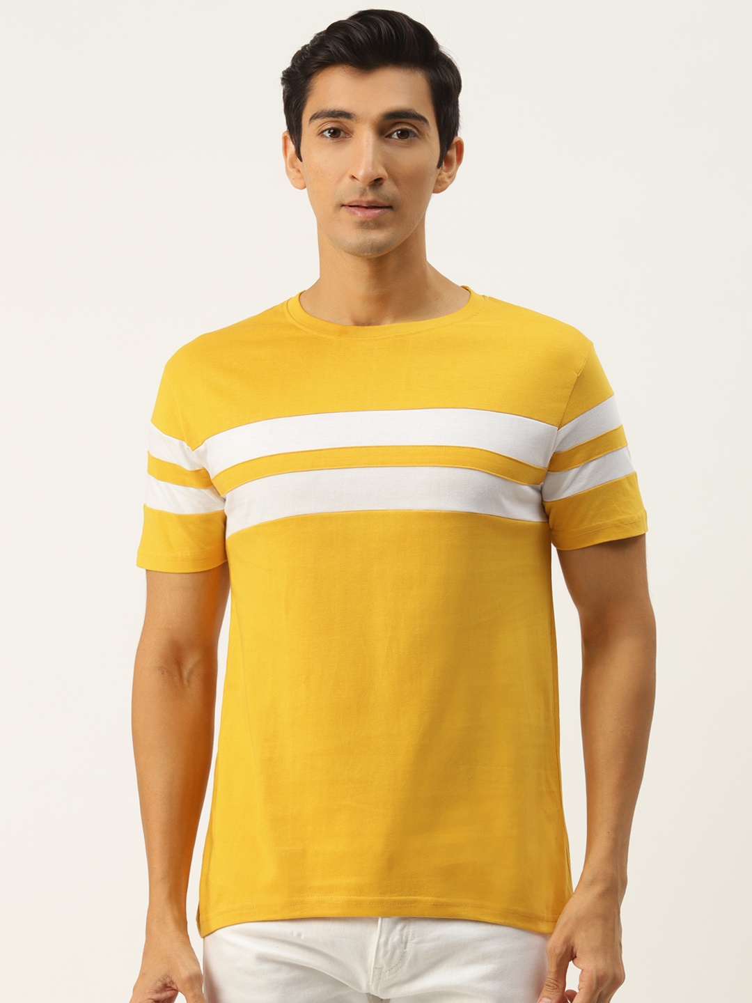 

Rodzen Men Yellow & White Striped Slim Fit T-shirt