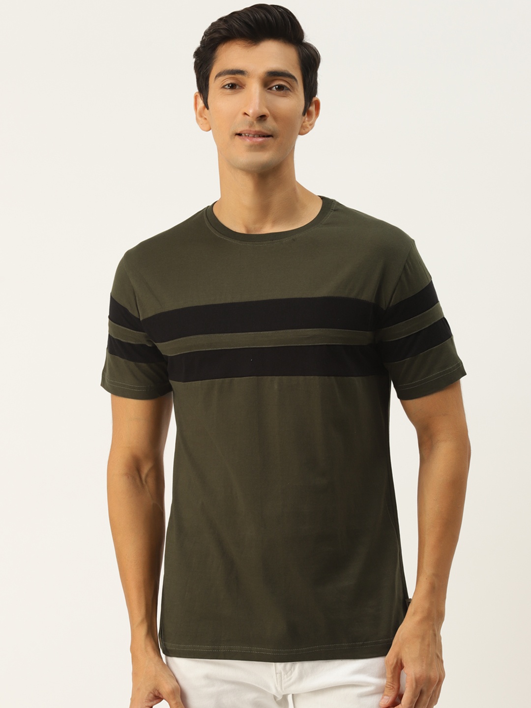 

Rodzen Men Olive Green Striped Slim Fit T-shirt