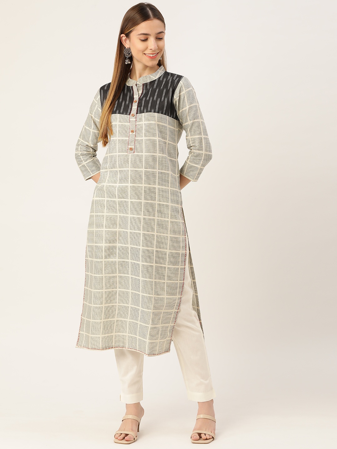 

INDYES Women Beige & Black Yoke Design Kantha Work Block Print Kurta