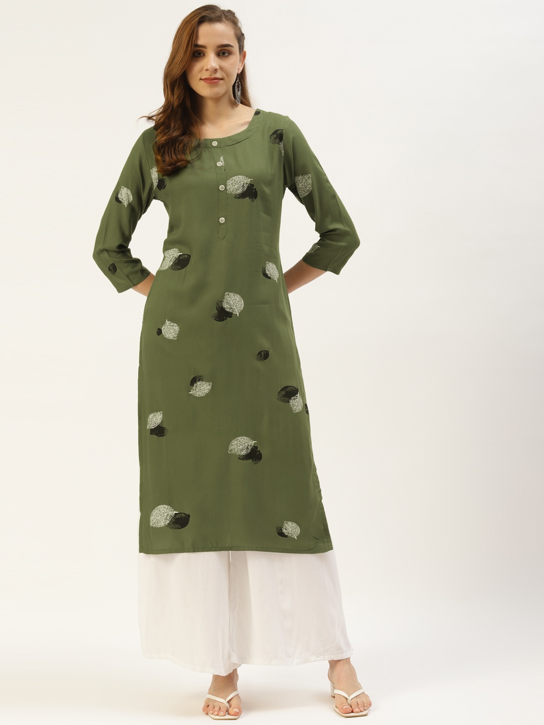 

INDYES Women Olive Green Floral Pure Cotton Block Print Kurta