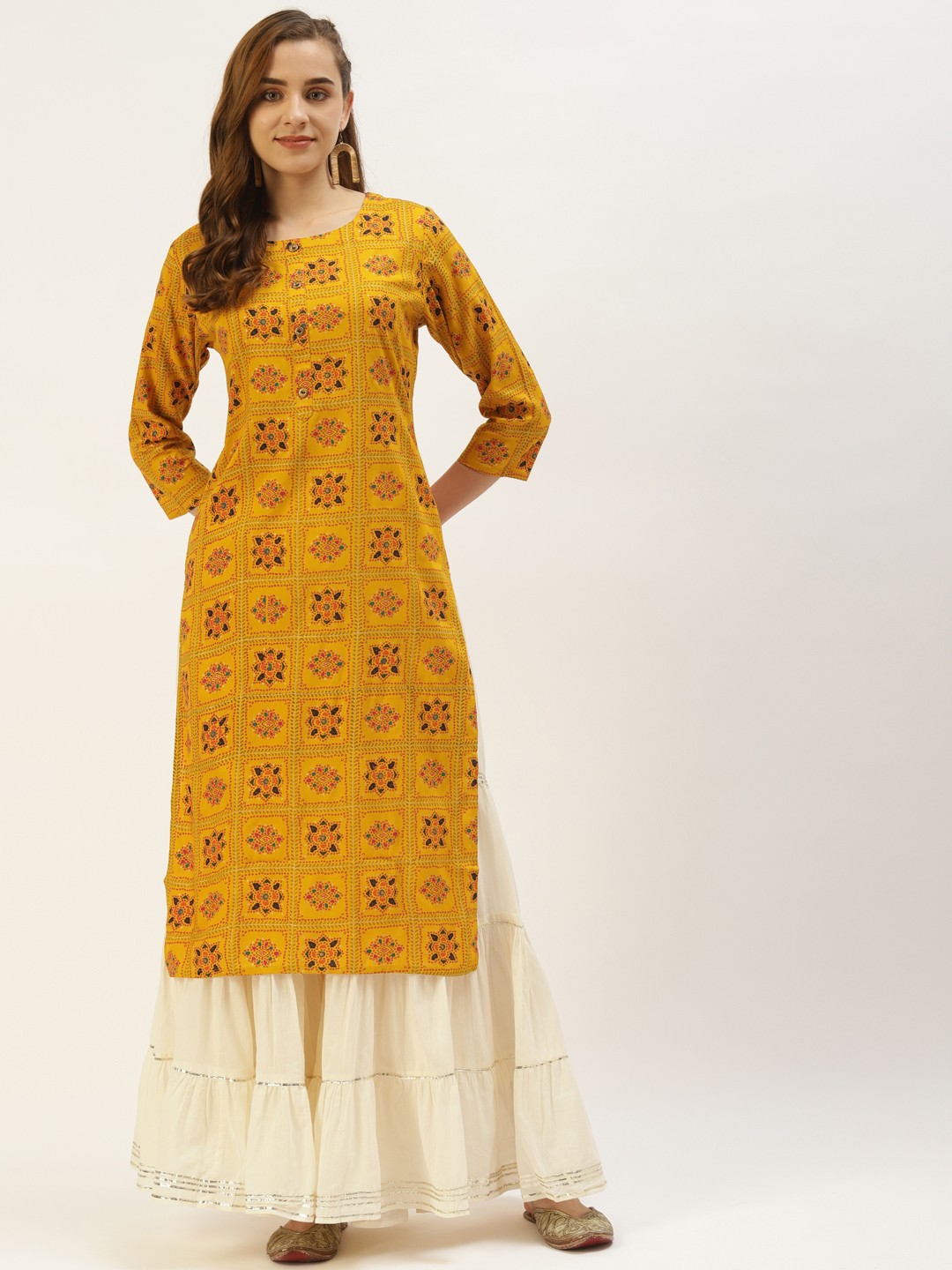 

INDYES Women Yellow Ethnic Motifs Printed Pure Cotton Kurta