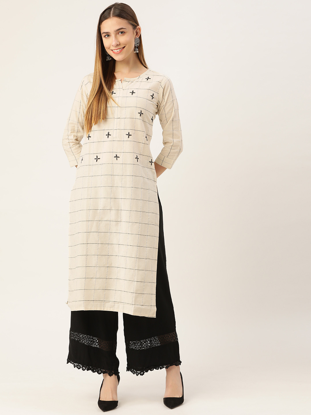 

INDYES Women Cream-Coloured Checked Thread Work Kurta