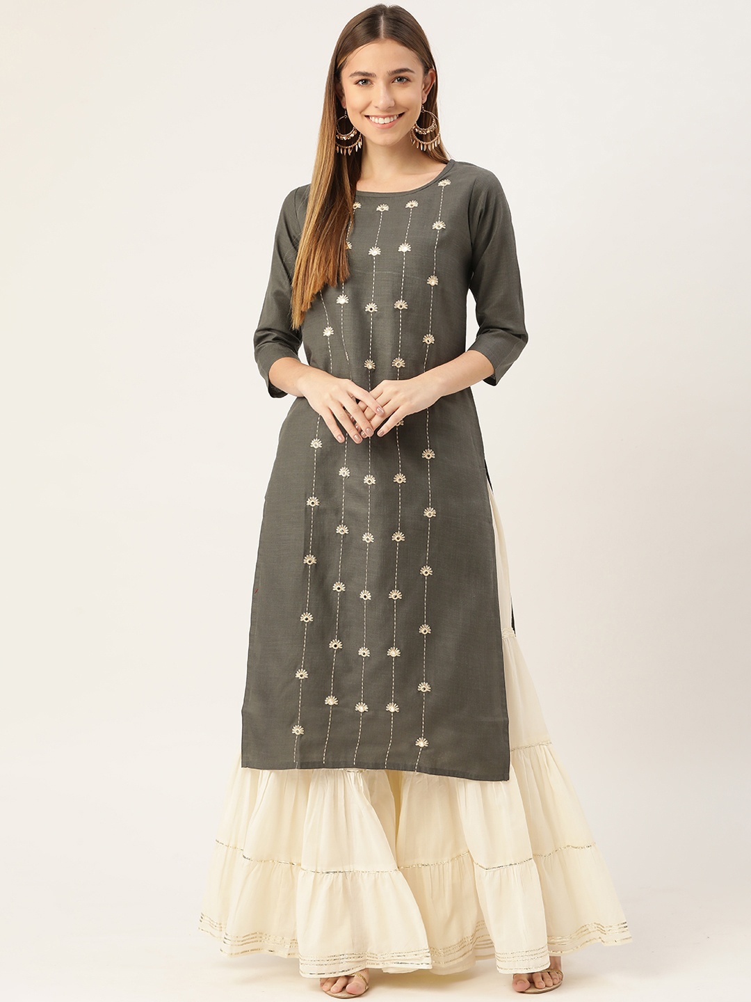 

INDYES Women Grey Embroidered Thread Work Pastels Kurta