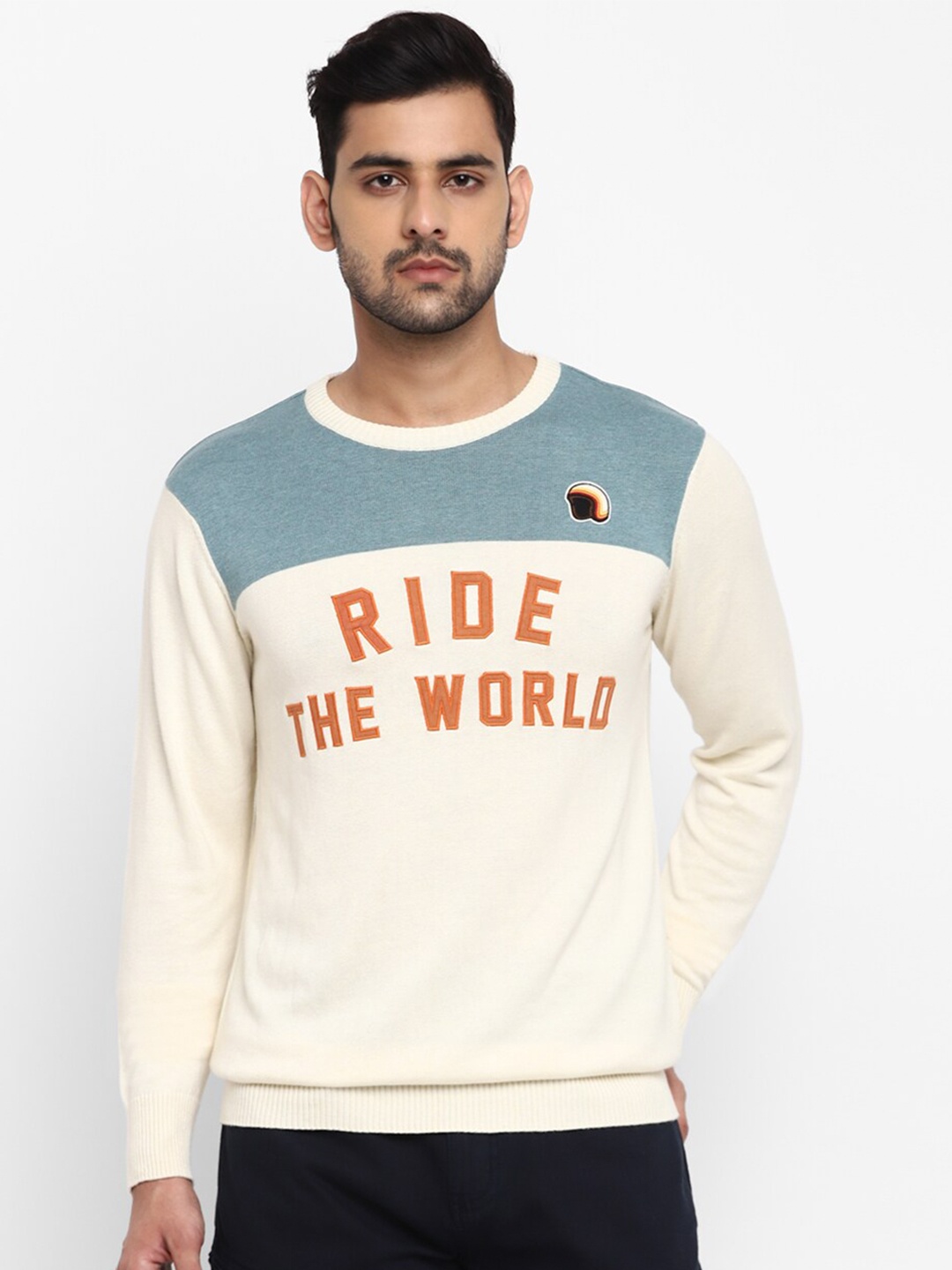 

Royal Enfield Men Off White & Blue Ride The World Printed Cotton Pullover