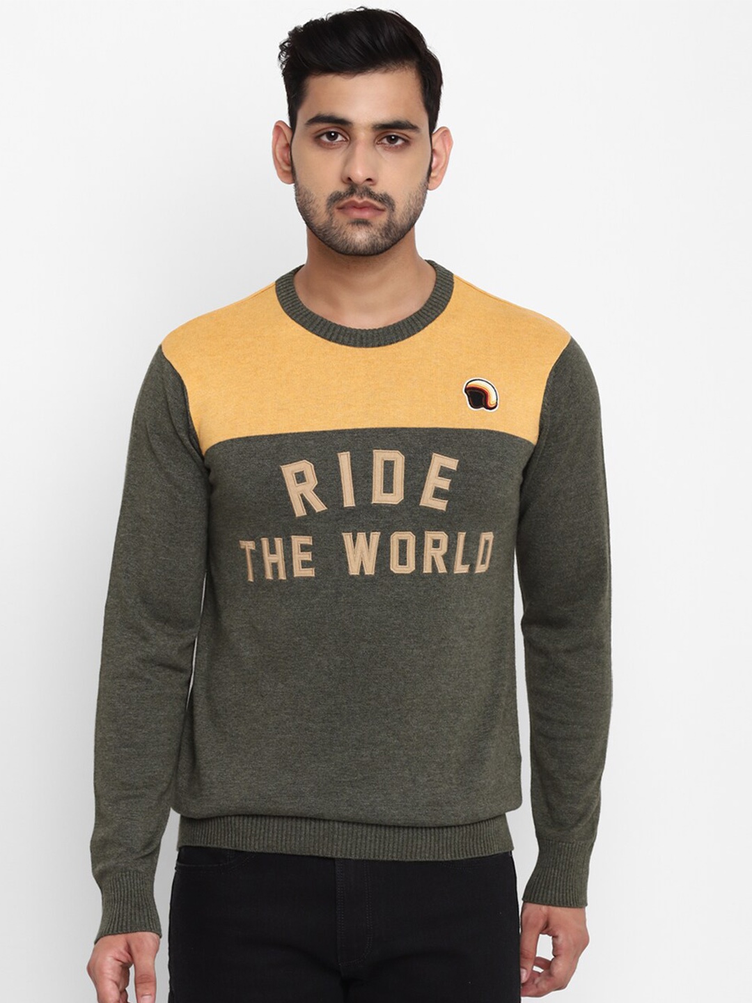 

Royal Enfield Men Green & Orange Typography Printed Cotton Pullover