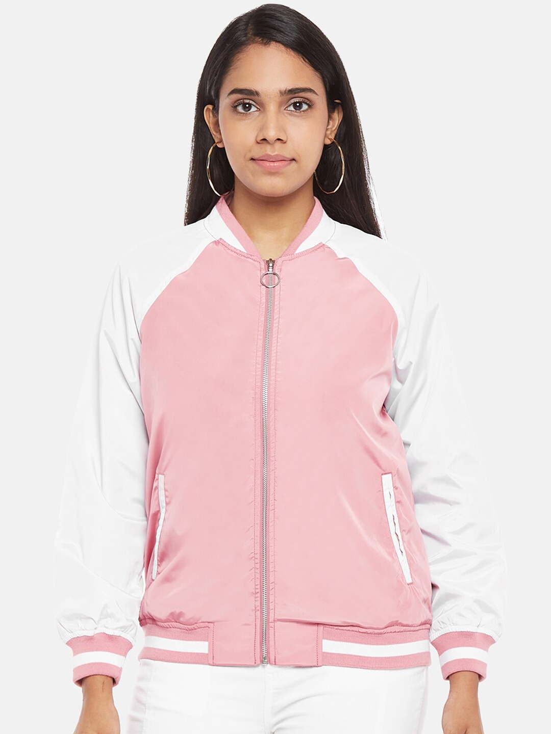 

Honey by Pantaloons Women Pink Longline Bomber with Embroidered Jacket