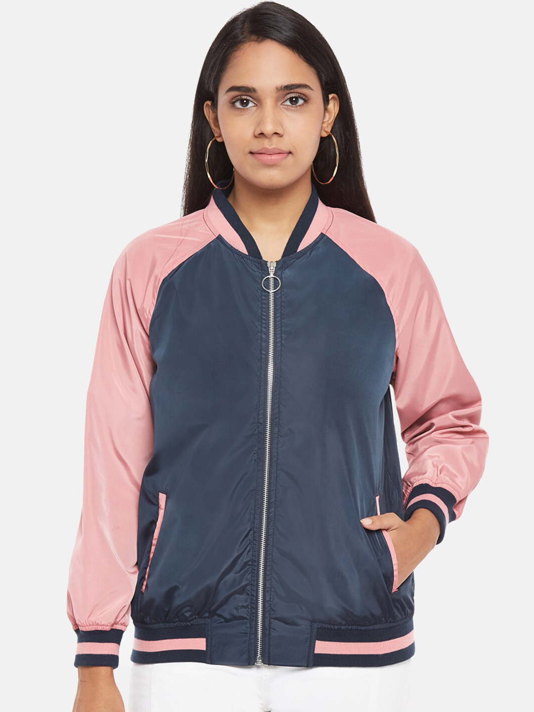 

Honey by Pantaloons Women Navy Blue Colourblocked Bomber Jacket