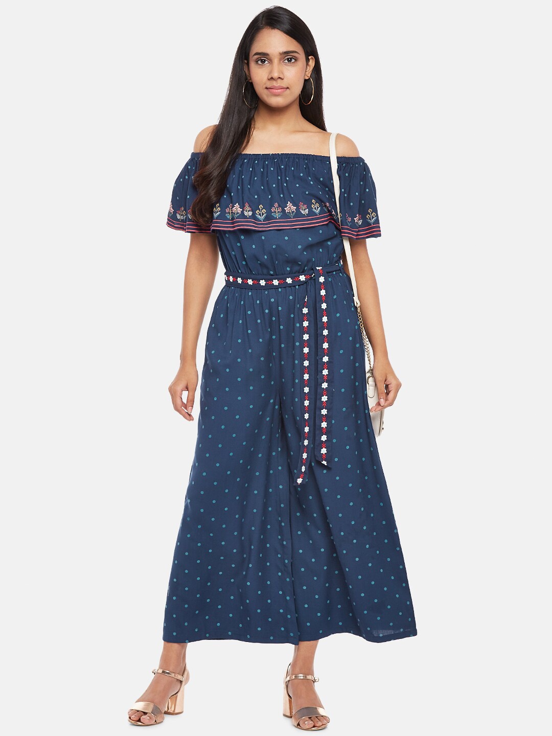 

People Blue & White Off-Shoulder Printed Basic Jumpsuit