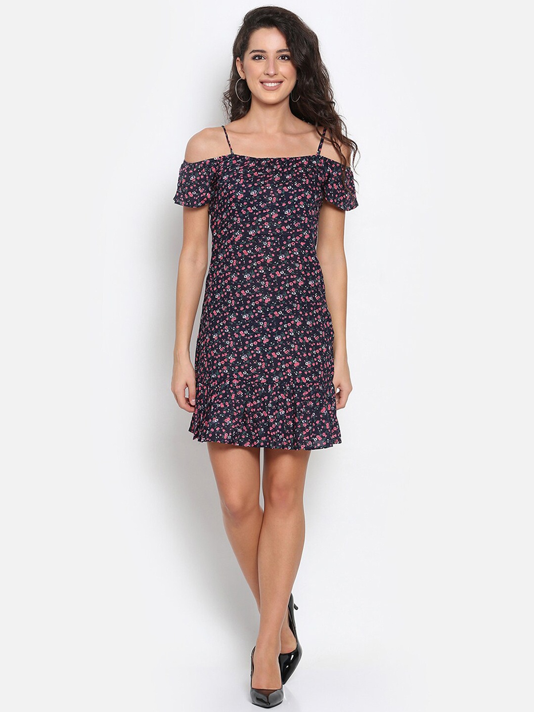

MARC LOUIS Blue Floral Off-Shoulder A-Line Mini Dress
