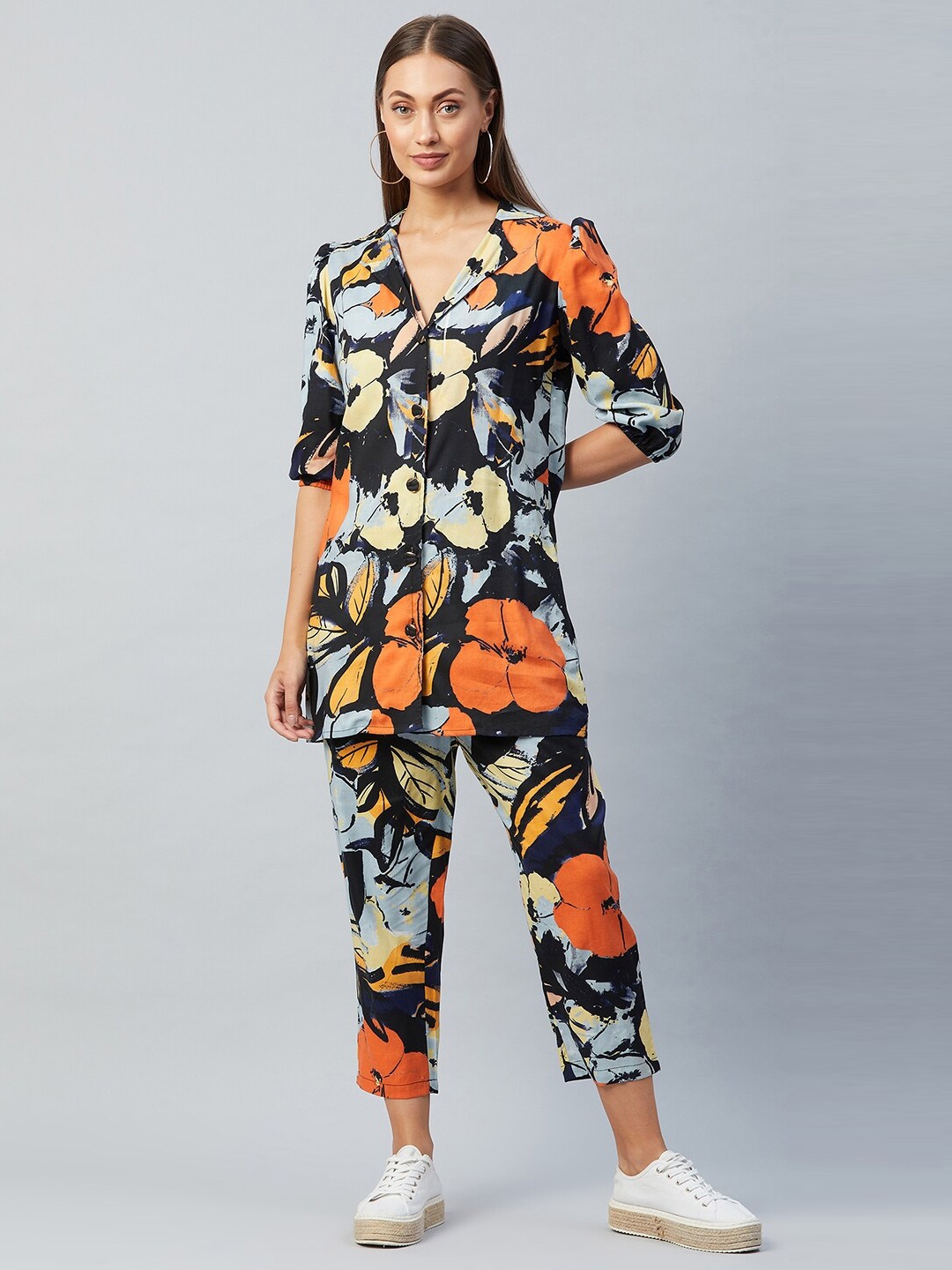

Athena Women Black Abstract Printed Shirt & Trousers