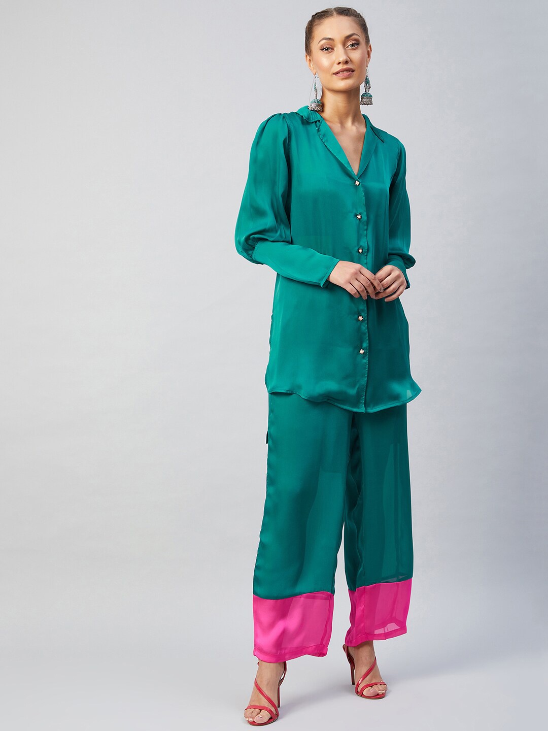 

Athena Women Green & Pink Poly Georgette Top with Trousers